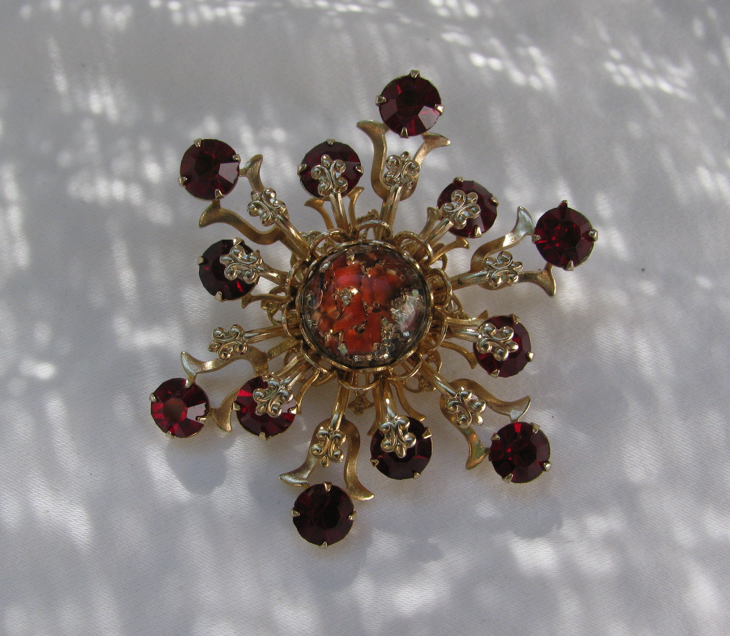 Red Rhinestone Filigree Brooch, Unmarked Germany or Czech