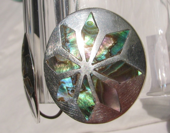 Incredible 1970's Vintage Abalone Inlay Flower Saucer Sterling Silver Earrings, TAXCO, Initialed ADC, 1" Screw Backs, Artisan Crafted