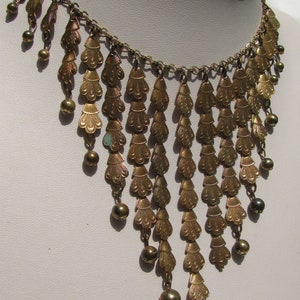 Vintage 1960's Coppery Brass Tiered Fringe Lady's Bib Necklace, Dangling Etched Charms with Balls, 16" Chain with 4" Center Drop, Unique