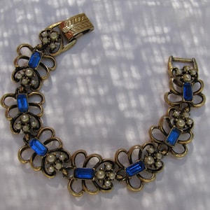Amazing Vintage Butterfly Panel Gold Tone Lady's Bracelet, Early 1960's Unknown Maker, Royal Blue Rectangular Rhinestones & Faux  Pearls