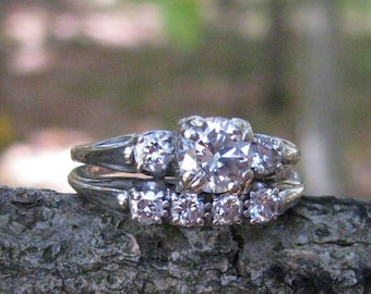 Vintage JABEL Signed 18K White Gold Diamond Bridal Set, Soldered Together, Size 7.25,  Fine Jewelry, 4.72 grams, Appraisal, over 1.2cts