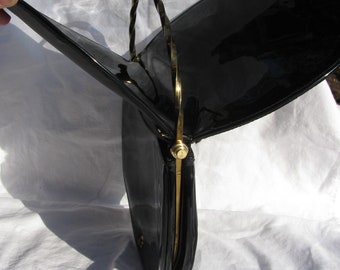 Fantastic Retro Black Patent Vinyl Funky Lady's Handbag, Full Circle Plated Brass Frame, 1960's-70's, Unknown Maker, Top Under Flap Openings