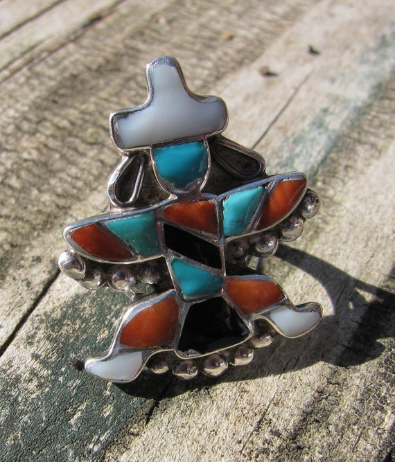 Rare Vintage Zuni Dancing Turquoise Kachina Coral Native American Jewelry Silver Ring Rare Vintage Zuni Dancing Turquoise Kachina Coral Native American Jewelry Silver Ring