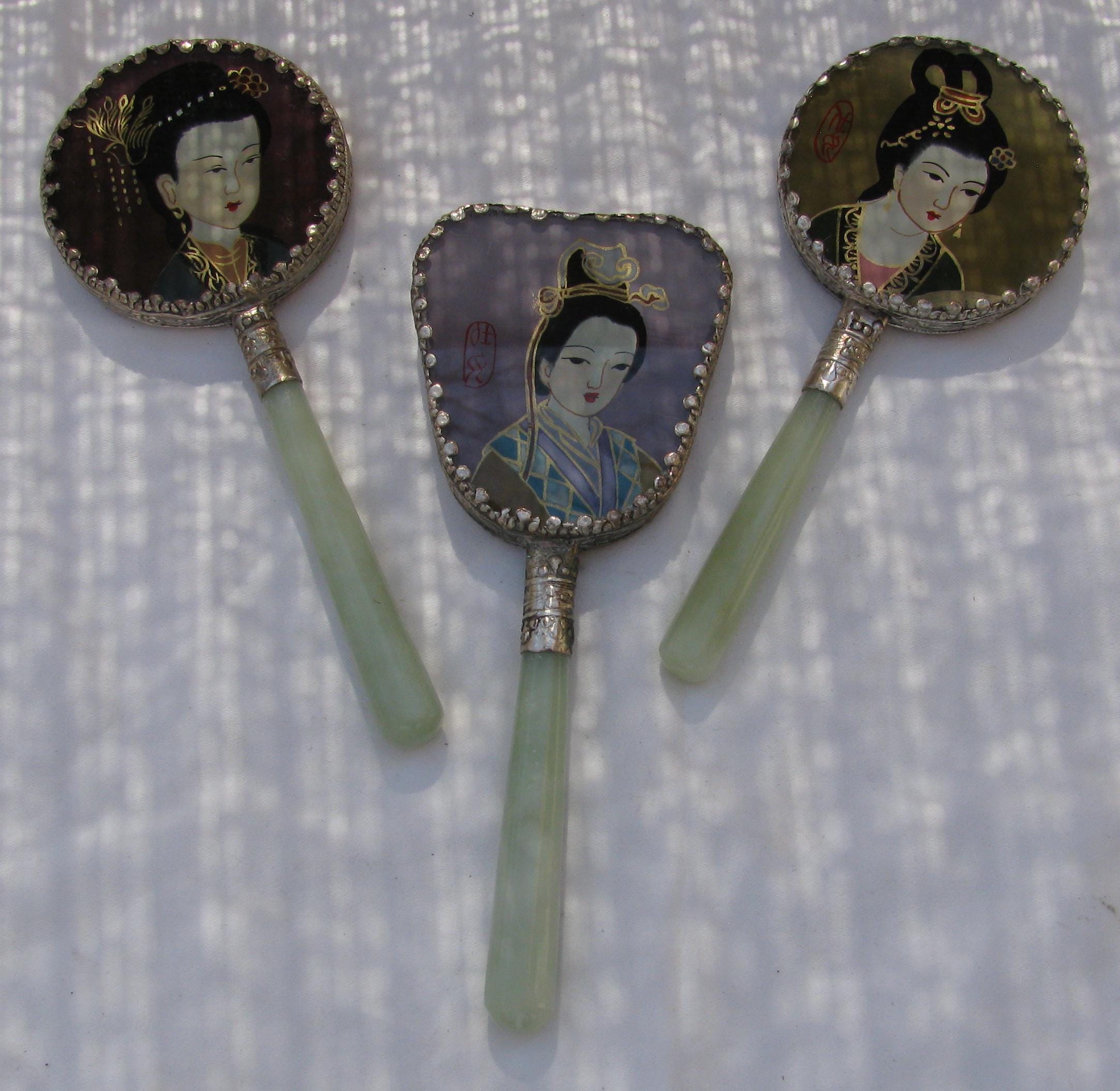 Traditional Geisha Mirror Set of 3 Vintage 1960's Hand Painted Geisha Girl Hand Mirrors, Green ...