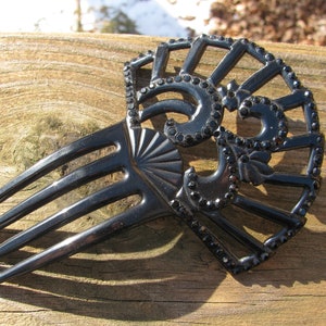 Gorgeous Antique Art Deco Jet Black Celluloid Antique Lady&#39;s Large Decorative Hair Comb, Black Rhinestones, Ribbons & Bows, 1920&#39;s Accessory