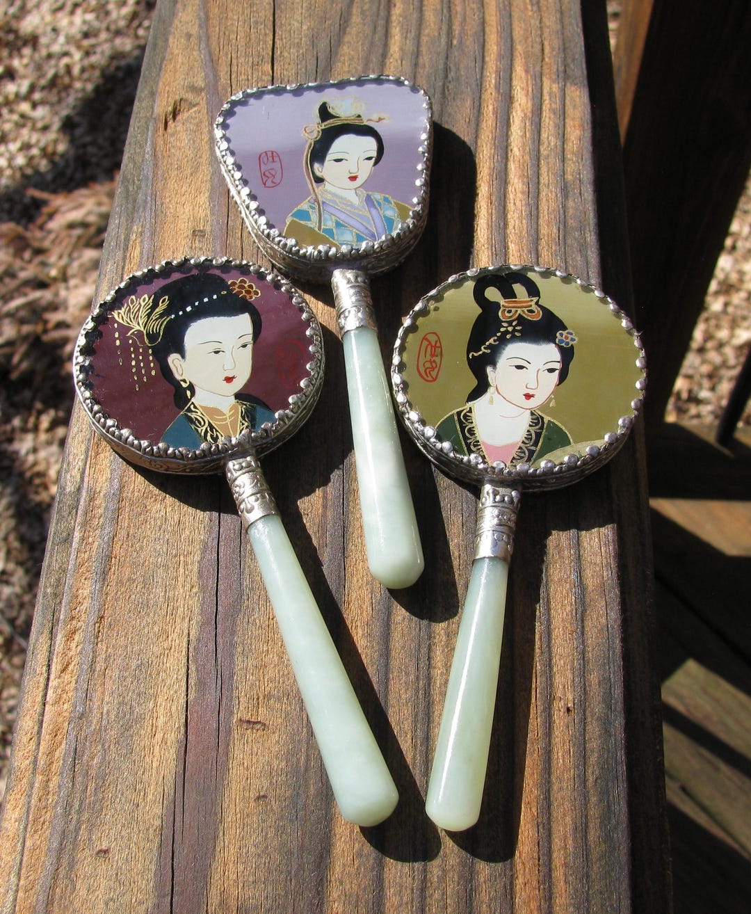 Traditional Geisha Mirror Set of 3 Vintage 1960's Hand Painted Geisha Girl Hand Mirrors, Green ...