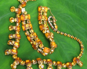 Stunning Vintage Orange Rhinestone Gold Tone Demi Parure Jewelry Set, Adj. Length Necklace & Matching Bracelet w Safety Chain, 1950s Jewelry