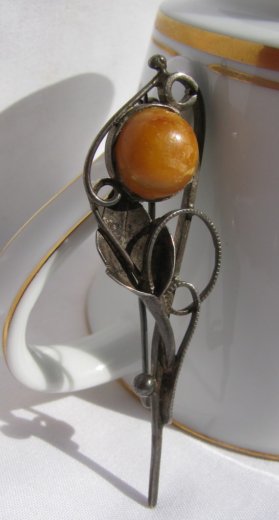 Antique Unmarked Baltic Amber (?) and Silver Flor… - image 2