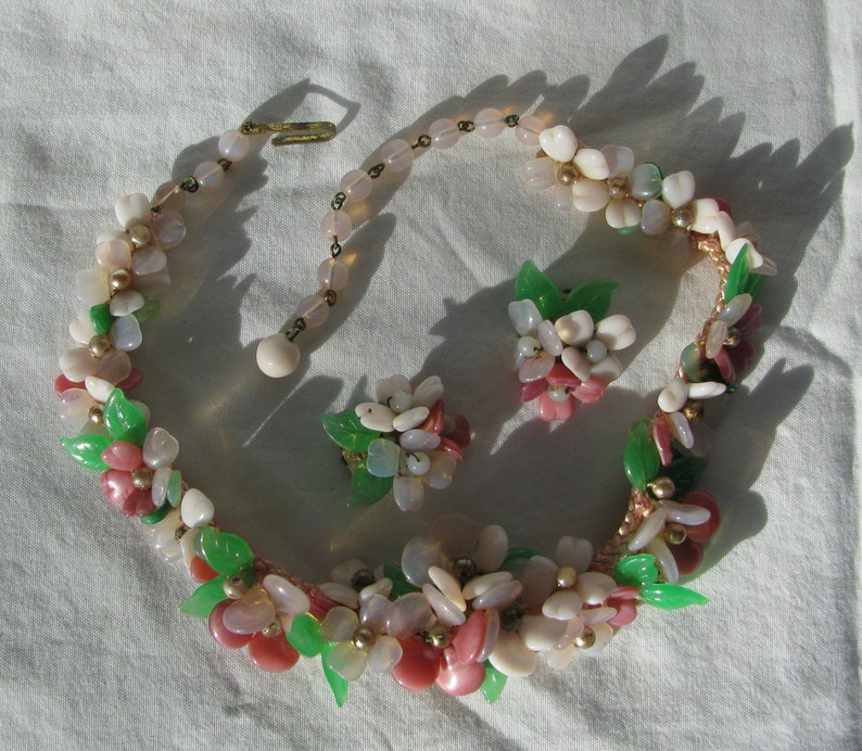 West Germany Made Vintage and Sweet Pastel Plastic Flower Demi Parure 16 Choker Adjustable Necklace and Clip Earrings 1940/'s Delicate