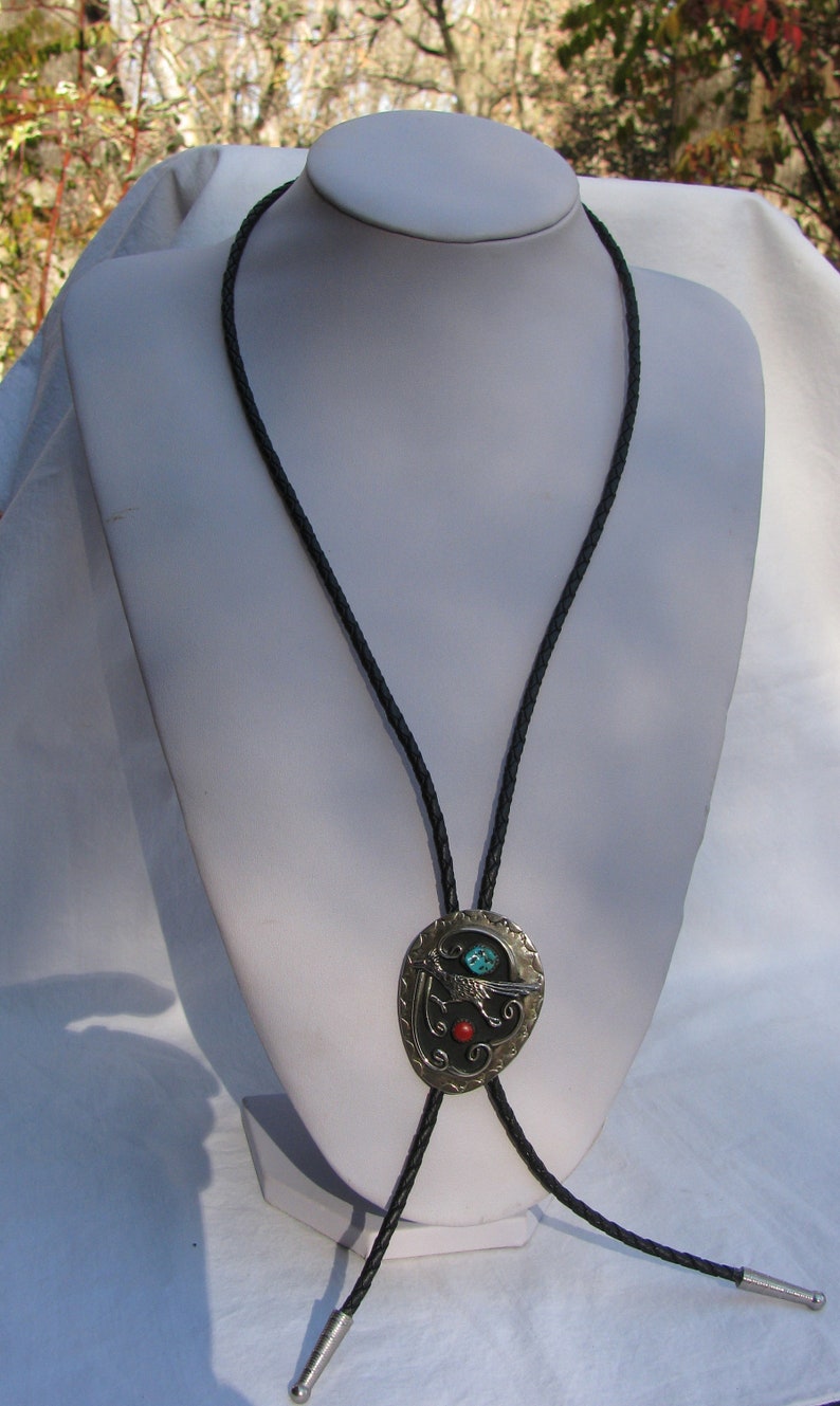 Roadrunner Bird Magnificent Native American Men/'s Bolo Tie Turquoise and Coral Vintage Unsigned Artisan Crafted Symbol of Protection
