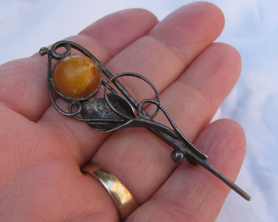 Antique Unmarked Baltic Amber (?) and Silver Flor… - image 9