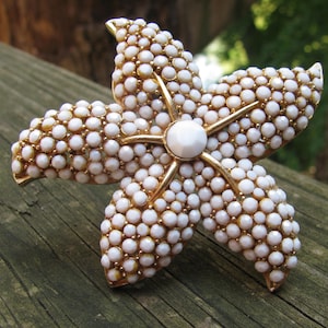 May include: A gold tone brooch in the shape of a starfish, covered in white beads.