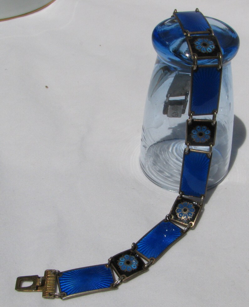 Flower wBlack Background Astounding 1940/'s DAVID ANDERSEN Hallmarked Cobalt Blue Guilloch\u00e9 Enameled Sterling Silver Panel Bracelet Norway