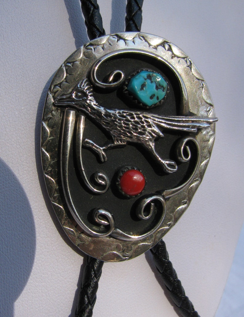 Roadrunner Bird Magnificent Native American Men/'s Bolo Tie Turquoise and Coral Vintage Unsigned Artisan Crafted Symbol of Protection