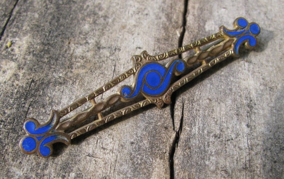 Gorgeous Antique Royal Blue Enameled Brass Openwo… - image 2