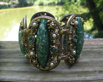 Elaborate Grand SELRO Wide Green Confetti Lucite Oval Panel Bracelet, Signature Piece, Rhinestones, Pearls, 2&quot;+ Wide, Safety Chain, 1950&#39;s