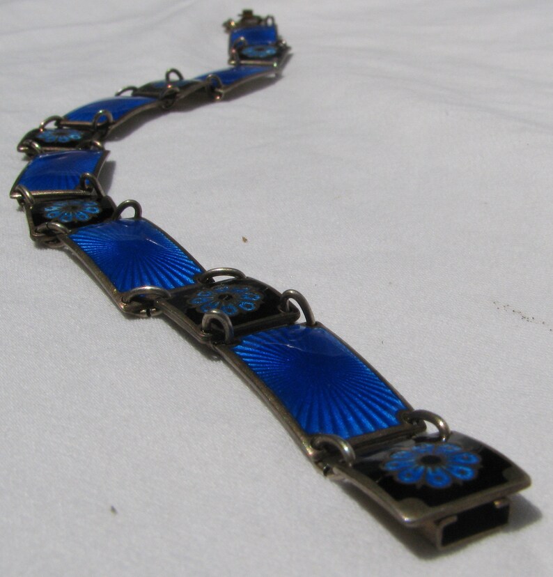Flower wBlack Background Astounding 1940/'s DAVID ANDERSEN Hallmarked Cobalt Blue Guilloch\u00e9 Enameled Sterling Silver Panel Bracelet Norway