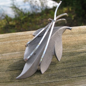 Sleek and Dimensional Vintage Curtis Jewlery Mfg. Hallmarked Cartouche Sterling Silver Leaf 1950&#39;s Brooch, Textured & Line Enhanced, 2.75&quot;