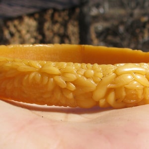 Delightful Vintage Carved Celluloid Hard Plastic Lady&#39;s Floral Bangle Bracelet, Butterscotch Dark Yellow, Multiple Type Flowers, 1960&#39;s