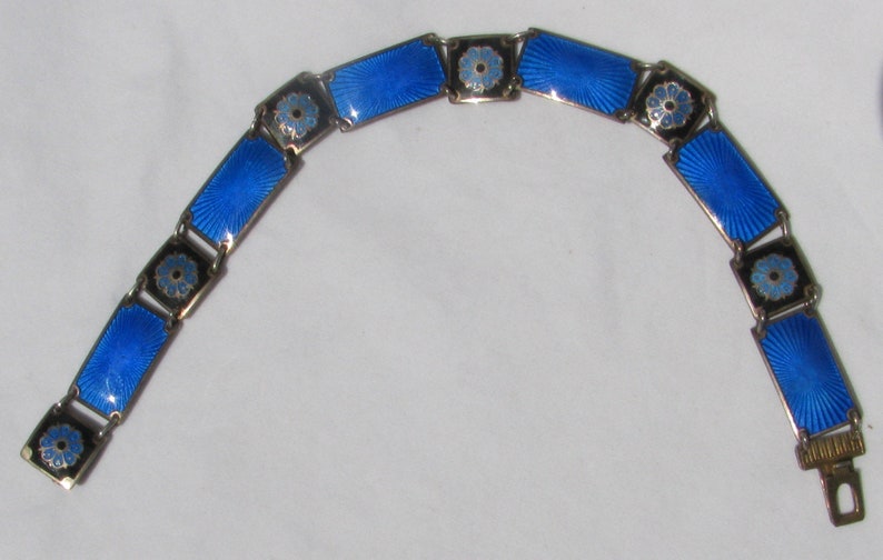 Flower wBlack Background Astounding 1940/'s DAVID ANDERSEN Hallmarked Cobalt Blue Guilloch\u00e9 Enameled Sterling Silver Panel Bracelet Norway