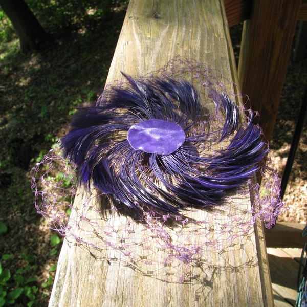 Retro Deep Purple Faux Feather Head Piece, Mini-Fascinator with Purple Facial Net, Lady's Fashion Accessory, H-31