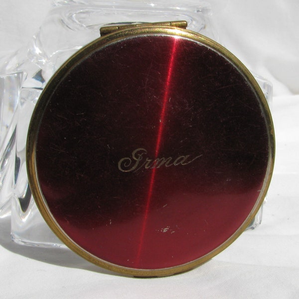 vintage 1930's Volupté Deep Red Metallic Finish Compact, Inscrit "Irma", Original Mirror and Puff