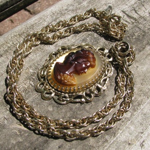 Lovely Vintage &quot;Whiting & Davis&quot; Victorian Revival Chocolate Brown Cameo Pendant Necklace,  1970&#39;s Era, 24&quot; Thick Prince of Wales Gold Chain