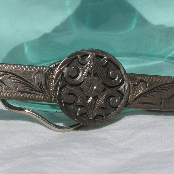 Striking Antique Art Nouveau Floral Etched Sterling Silver Tie Bar Clip, 1930's Vintage, Men's Formal Accessory, Unknown Hallmark, Ornate