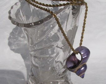 Hard to Find Retro NAPIER Tagged Big Purple & Gold Conch Shell Pendant Necklace, 30" Thick Gold Rope Chain, 1980's Unique Accessory