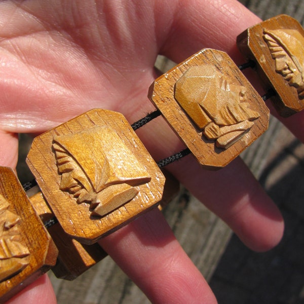 Vintage Carved Wood Folk Art Panel Demi Parure, Peasant Faces, Expandable Bracelet and Matching Clip Back Earrings, French?, 1950's, Artisan