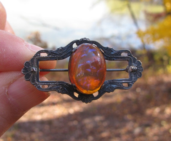 Amazing Vintage Fire Opalescent Glass Sterling Si… - image 6