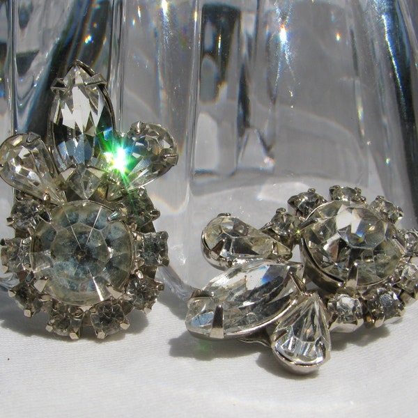 Exquisite Vintage "GARNE" Signed Rhinestone Earrings, Faux Diamond Clusters on Silver, 1 & 1/4" Clip Backs, Mid Century