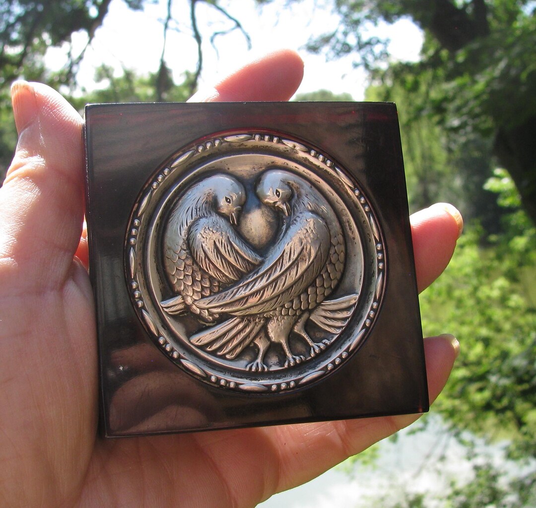 Vintage Dark Red Translucent Lucite and Silver Lady's Powder