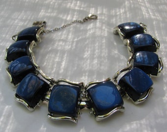 Lovely 1950's CORO Pegasus Signed Midnight Blue Thermoset Silver Panel Lady's Bracelet with Safety Chain, Moonglow, Unique Vintage Accessory