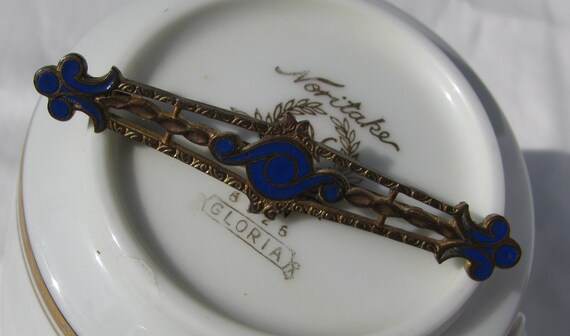 Gorgeous Antique Royal Blue Enameled Brass Openwo… - image 5