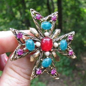 Puede incluir: Broche vintage en forma de cruz dorada. El broche presenta una piedra roja central, rodeada de piedras preciosas turquesas y rosas, y peque&ntilde;as perlas blancas. El dise&ntilde;o incluye intrincados trabajos en metal y un acabado texturizado, creando un accesorio ornamentado.