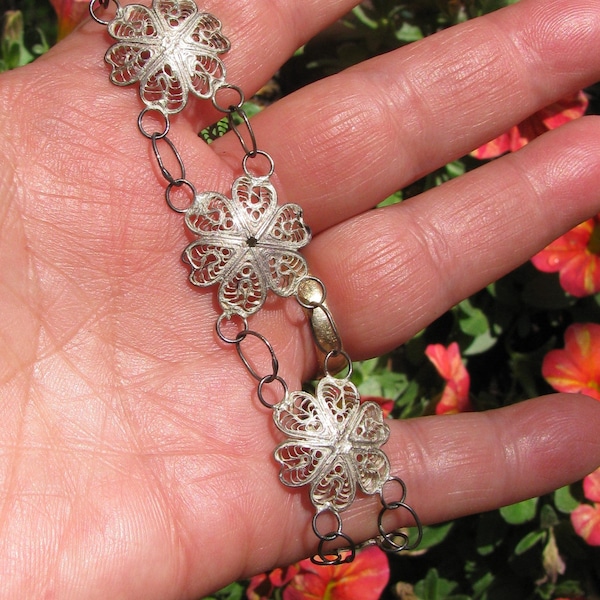 Delicate and Vintage Spun Cannetille Wire Silver Floral Panel Bracelet, Early Eagle Taxco Mark, For A Larger Wrist, 8 & 5/8" Long, Filigree