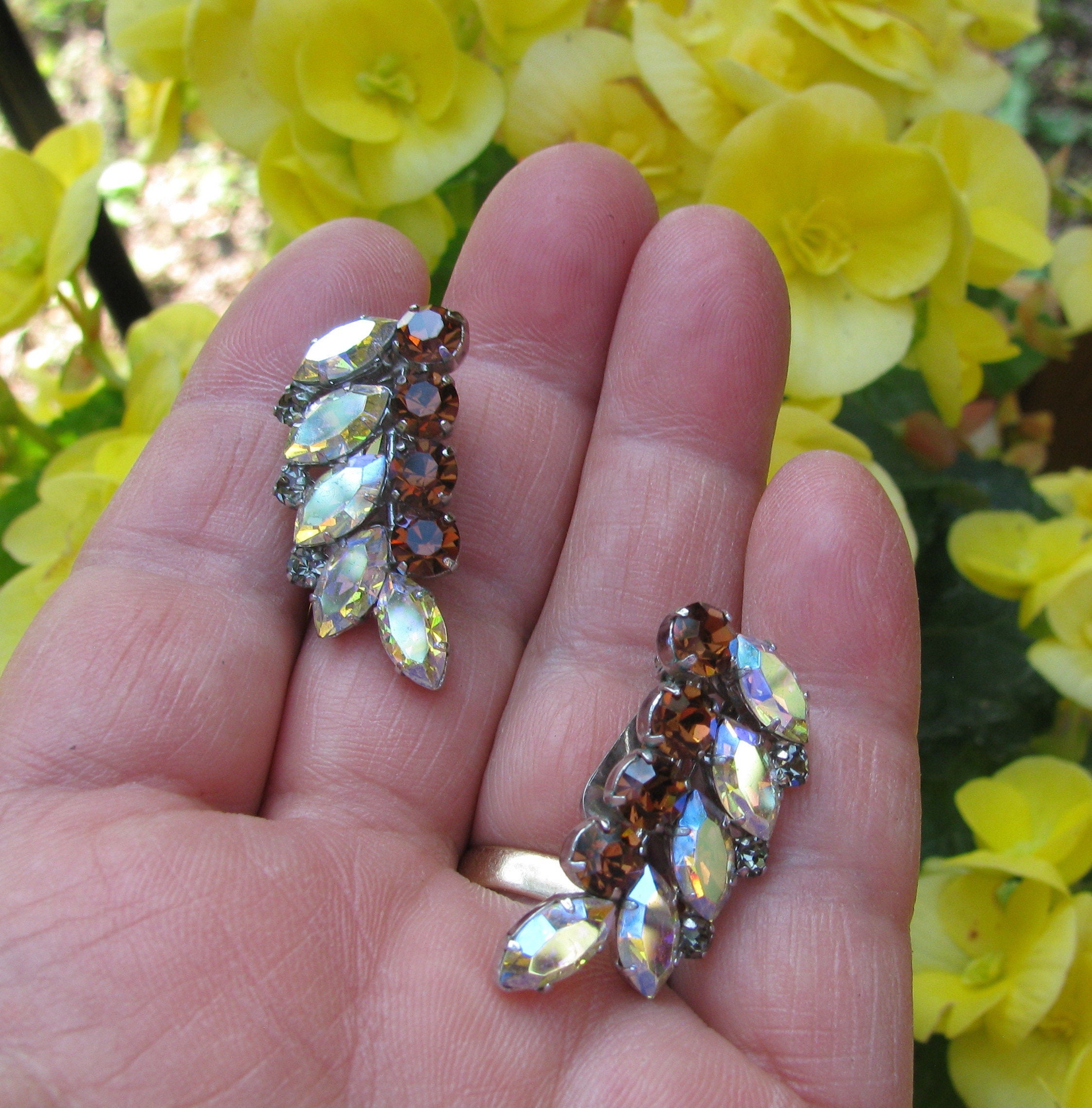 Bright & Beautiful Vintage Rhinestone Semi Circle Earrings, Brown Round…