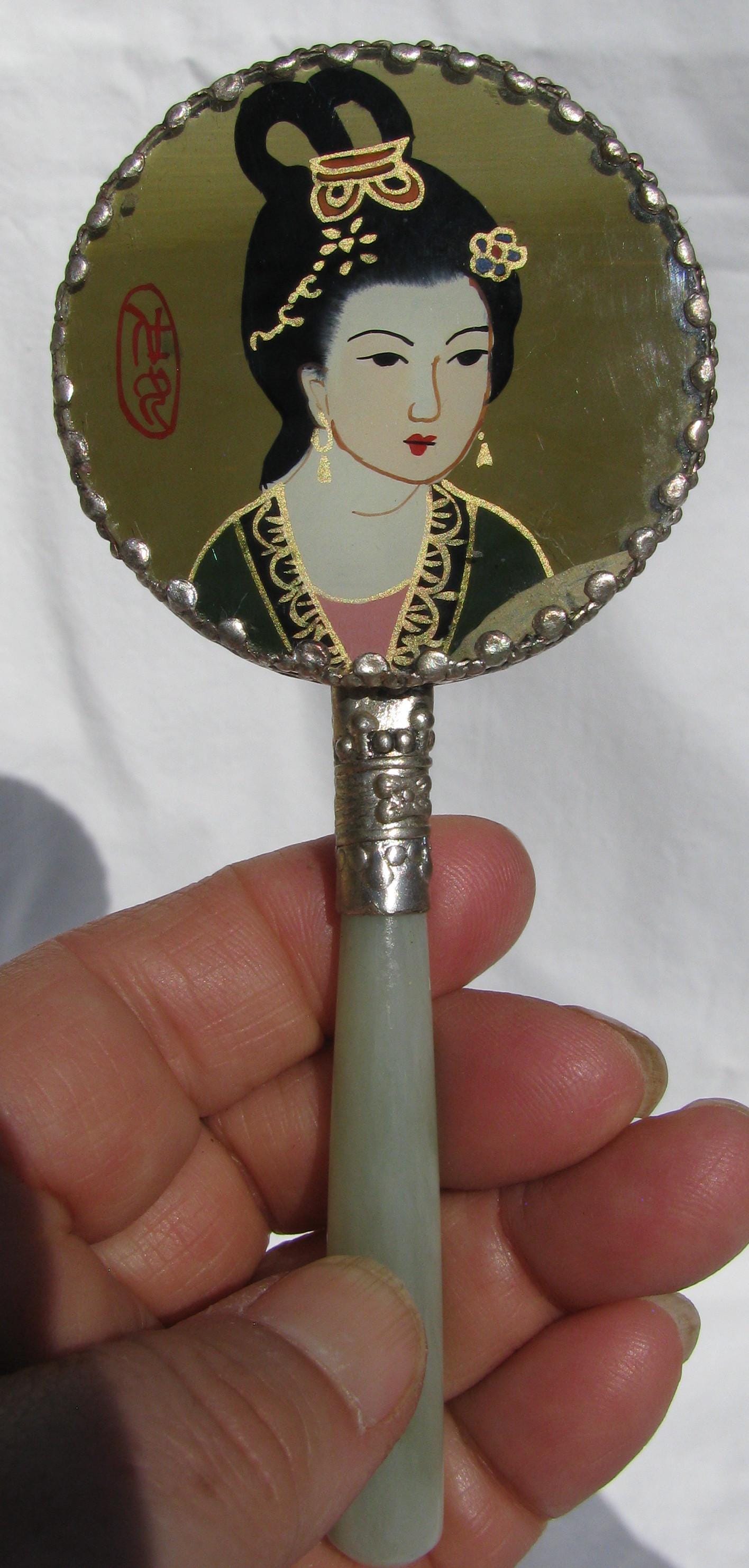 Traditional Geisha Mirror Set of 3 Vintage 1960's Hand Painted Geisha Girl Hand Mirrors, Green ...