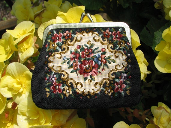 Vintage XL Needlepoint Roses Granny Bag Black Pink Green Gold Tone