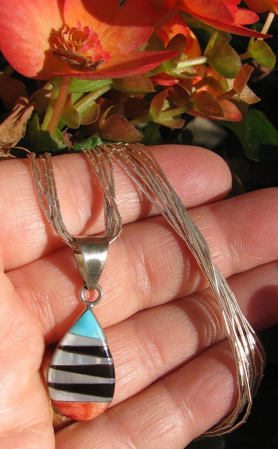 Artisan Crafted Zuni Gemstone Inlay Sterling Silver Teardrop