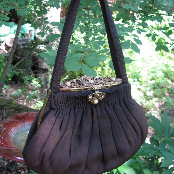1960's Vintage "Stylecraft Miami" Brown Black Satin Handbag, Purse, Ornate Faux Pearl & Rhinestone Brass Top Frame, Clasp, Signed Mirror