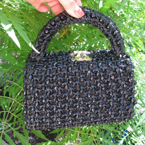 Vintage Beautiful Faux Wicker Weave Hard Bodied Lady's Handbag, Purse, Black Rhinestones On Black Weave, 1950's Chic, Made in Hong Kong