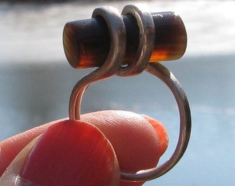 Awesome Vintage Unique Faux Tigers Eye Log Roll Sterling Silver Wrapped Statement Ring, Size 7, Unknown Hallmark, 1970&#39;s Artisan Crafted