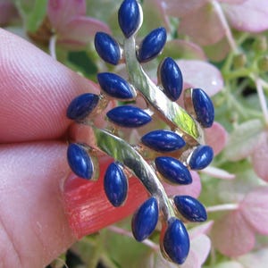 May include: A silver-toned ring featuring a leaf design with oval, deep blue accents. The ring is held against a backdrop of pink and green flowers, highlighting the contrast between the cool tones of the jewelry and the warm floral colors.