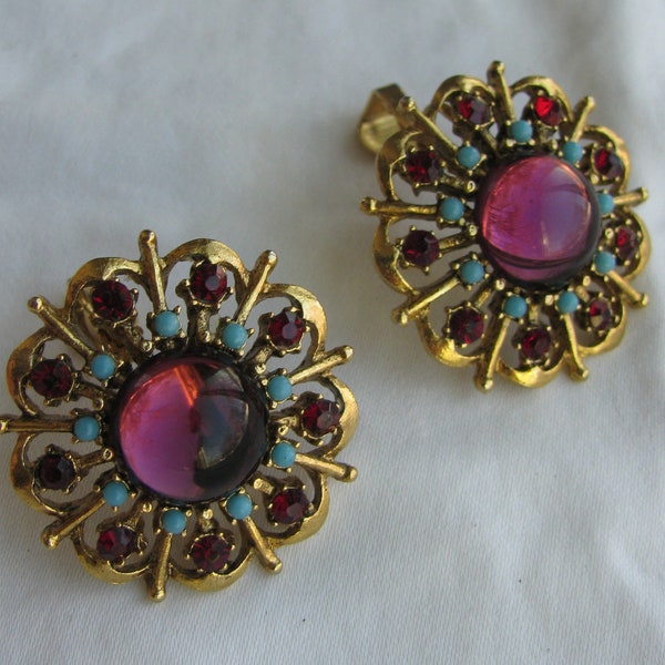 Magical Vintage Turquoise Blue & Purple Glass Cabochon w Red AB Washed Rhinestone Earrings, 1.25" Openwork Gold Tone 1950's Clip Backs