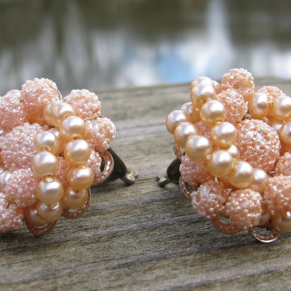 Alluring Vintage Sugar Coated Pink Beads & Champagne Pearl Japan Made Cluster 3/4" Earrings, Silver Filigree Back, Late 1950's Clip Backs
