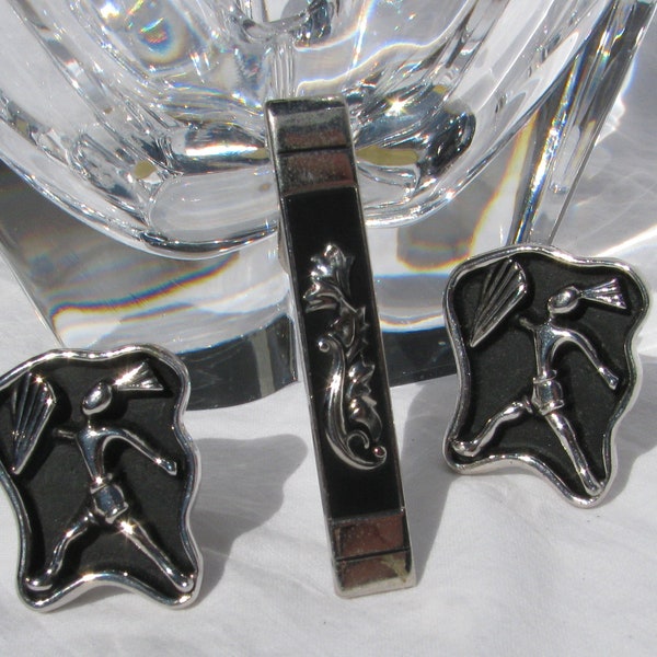 Fantastic SWANK 1950's Modernist Black and Silver Zulu Warrior Big Cuff Links w Matching Tie Clip, Hard to Find Men's Accessory, Mid Century