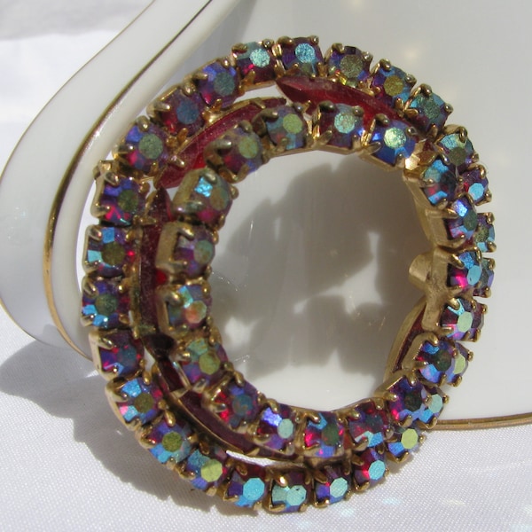 Vintage &  Interesting Layered Circle Brooch, Blue Aurora Borealis Stones w Layer of Open Bezel Back Red Navette Rhinestones, Unidentified