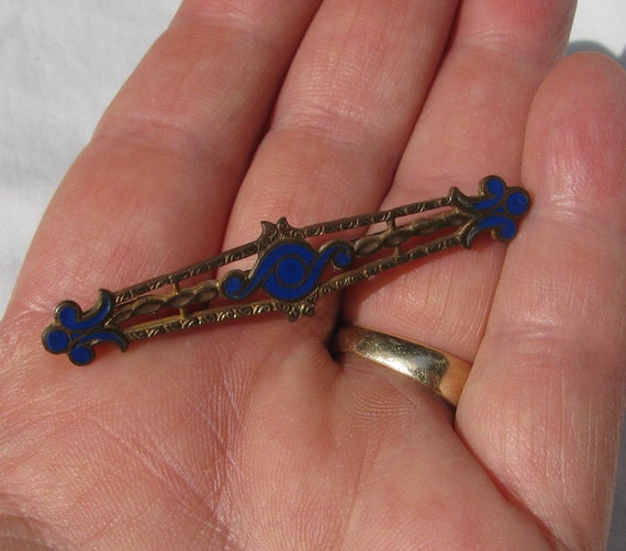 Gorgeous Antique Royal Blue Enameled Brass Openwo… - image 6